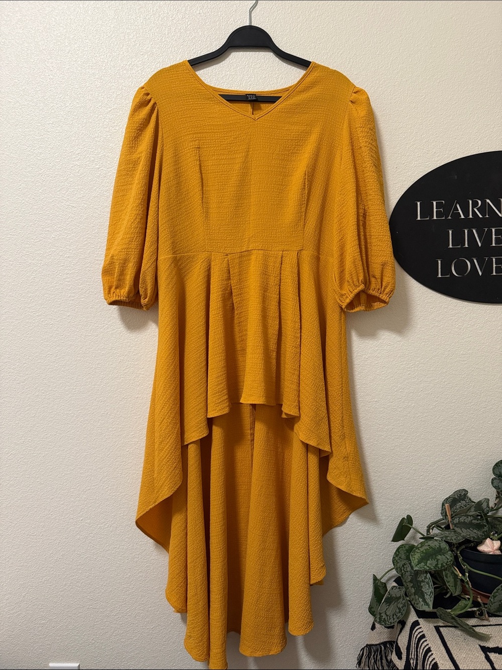 Mustard High-Low Midi Dress with Puff Sleeves